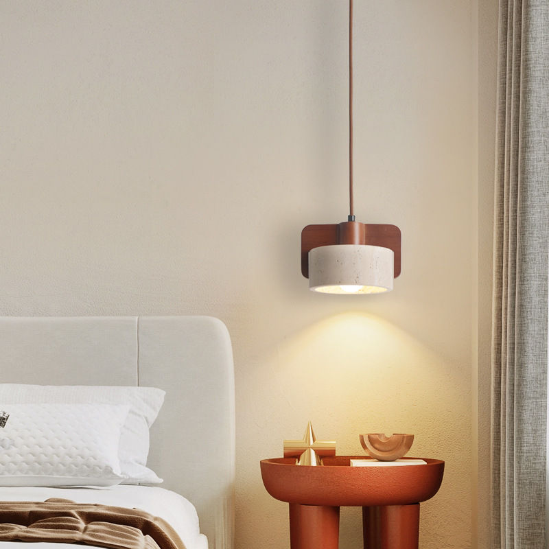 Yellow travertine headboard, wabi-sabi style hallway, wabi-sabi style pendant light, high-end, light luxury, minimalist master bedroom entryway