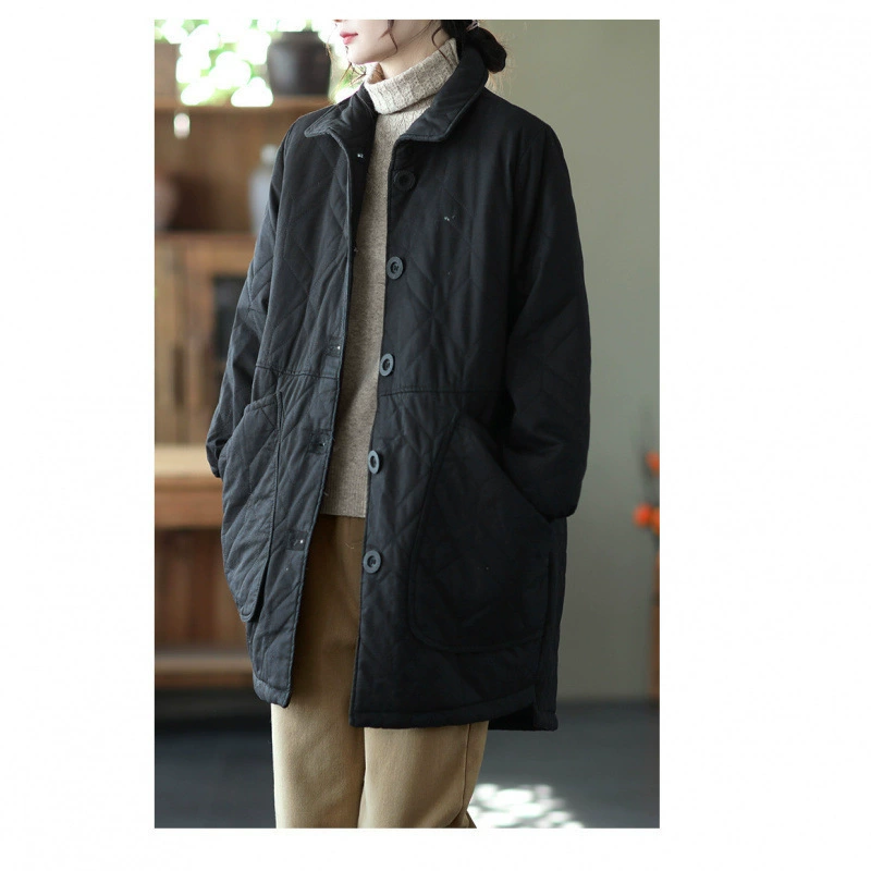 Demi-season long quilted down jacket with diamond pattern, mid-length