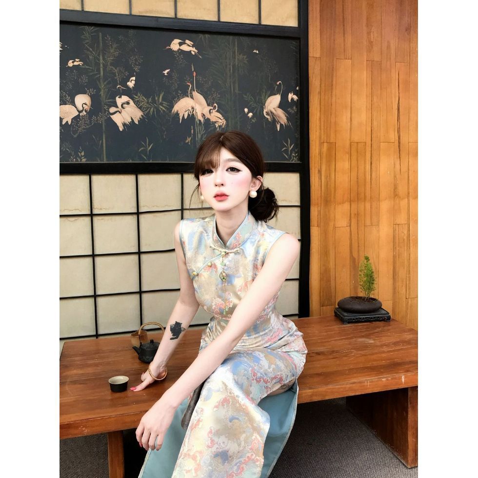 【Jinmao Takyundun】Original new design waist-cinching, hip-hugging, slimming, figure-flattering sleeveless modified cheongsam dress