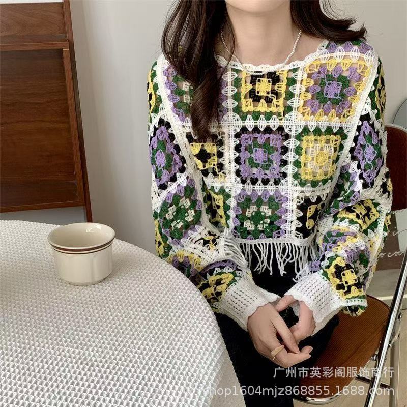 西洋スタイル秋の新レトロファッションかぎ針編みニットカーディガン女性のデザインニッチタッセルセータージャケットトップ|undefined