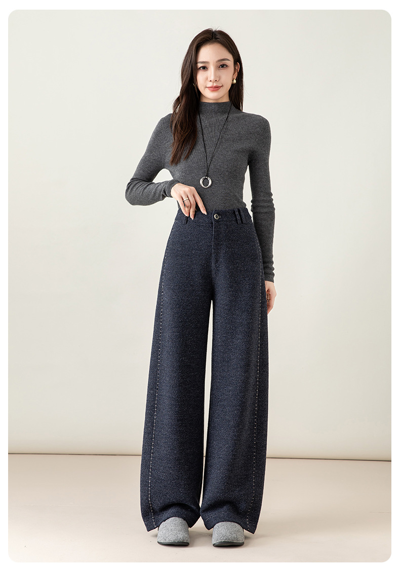 Quần culottes nữ ống rộng dệt kim len phối chỉ trang trí phong cách cổ điển — Xanh da trờicolor chi tiết 25