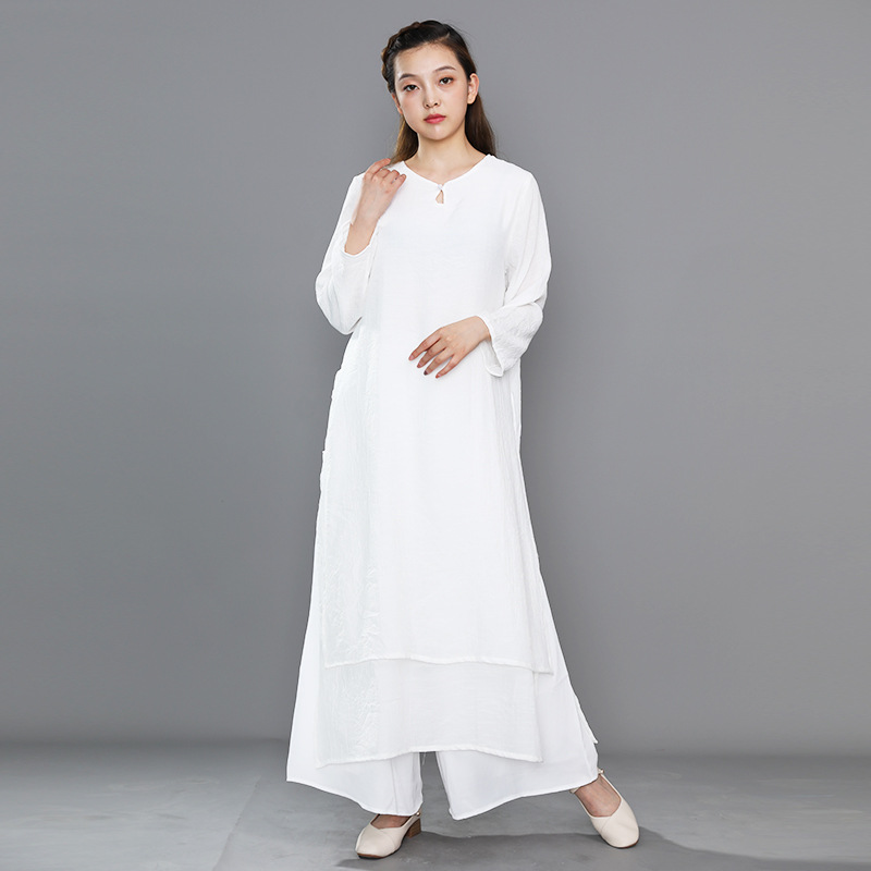 新款夏季长款禅服上衣女白色仙气茶意禅舞服装薄款连衣裙中式套装