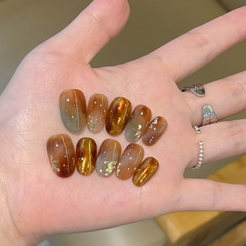 [Yaochi Wonderland] Autumn and Winter Amber Smudged Color Handmade Wearable Nails 587 Styles with Box Tool Kit