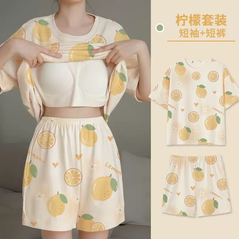 New Style Pajamas for Women, Summer Short-Sleeved Pullover, Thin Cartoon Girl Style with Chest Pads, Home Wear Set for Women, Can Be Worn Outside New Style Pajamas for Women, Summer Short-Sleeved Pullover, Thin Cartoon Girl Style with Chest Pads, Home Wear Set for Women, Can Be Worn Outside