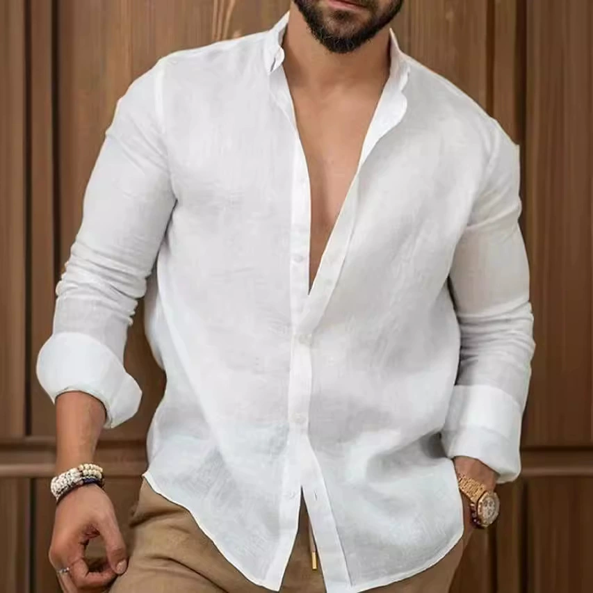 Мужская рубашка из хлопка и льна однотонная, повседневная, молодежная, для внешней торговли Amazon, европейский и американский стиль, 2025 год