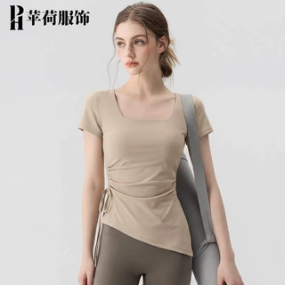 2026年新款瑜伽短袖女运动跑步收腰侧边抽绳褶皱瑜伽服上衣女批发