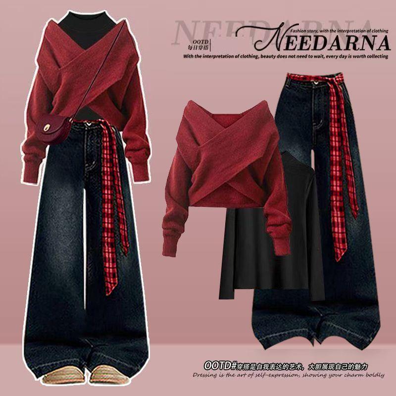 Generous and Elegant Red Knitted Sweater for Women, a Complete Set of Korean Style Lace-Up Jeans for Late Winter Wear