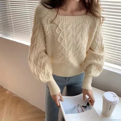 2025 Autumn and Winter New Korean Style Loose Outer Square Neck Knitwear for Women Japanese and Korean Retro Twist Waist Slimming Look Knitwear 2025 Autumn and Winter New Korean Style Loose Outer Square Neck Knitwear for Women Japanese and Korean Retro Twist Waist Slimming Look Knitwear