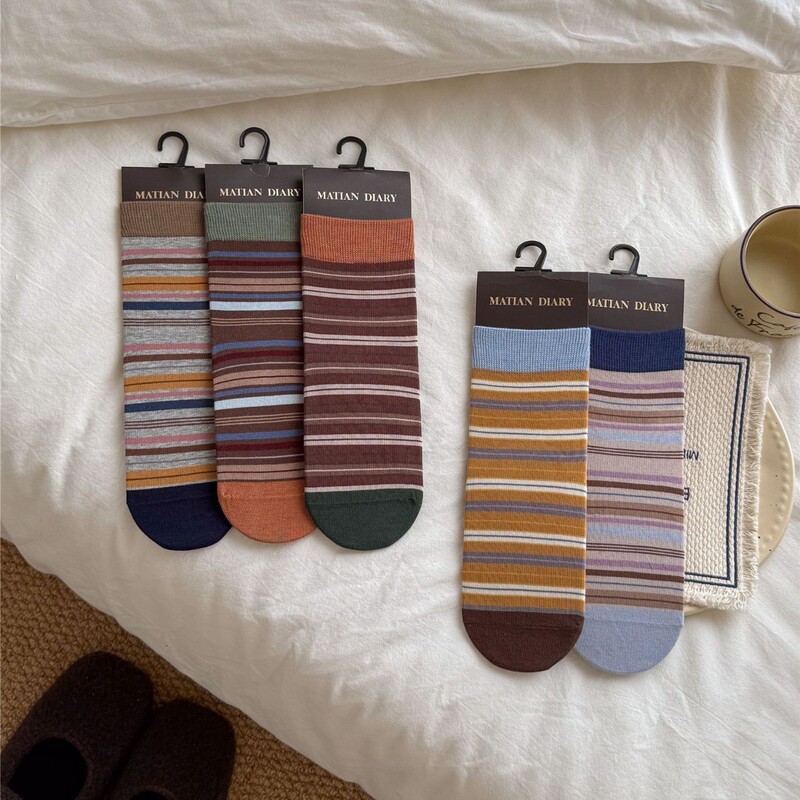 Matian Diary 26 Autumn/Winter New Women's Long Cotton Socks Retro Striped Mid-Calf Socks Seamless Slouch Socks Matian Diary 26 Autumn/Winter New Women's Long Cotton Socks Retro Striped Mid-Calf Socks Seamless Slouch Socks