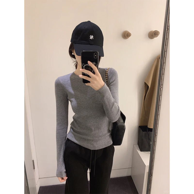 Magic Queen Factory Direct Sale Ribbed Round Neck Regular Shoulder Knitted Sweater for Spring and Autumn, Slim Fit Long Sleeve Top
