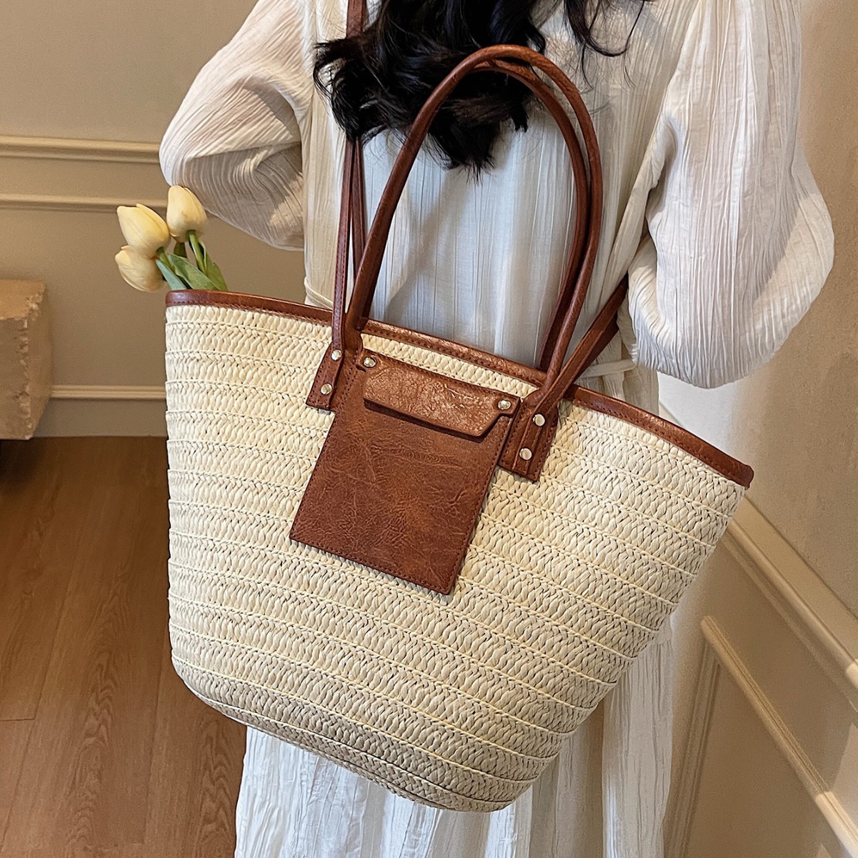 Vacation Style Straw Woven Bag For Women 2026 Summer New Fashion Woven Tote Bag Large Capacity Beach Bag - Thumbnail 4