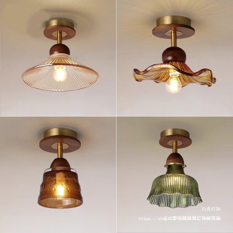 French Retro Aisle Lamp Ceiling Lamp Restaurant American Entrance Balcony Home Walnut Brass Glass Chandelier