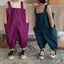 韩国儿童装新品夏季纯色背带裤 男女童宝宝裤子束脚水桶造型裤潮