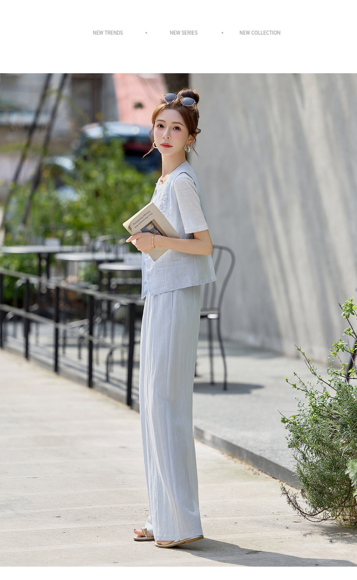 Bộ ba món nữ mùa hè 2026 gồm áo thun cổ tròn, áo gile thêu sequin và quần dài ống suông — màu xanh nhạt, màu trắng ngà chi tiết 19