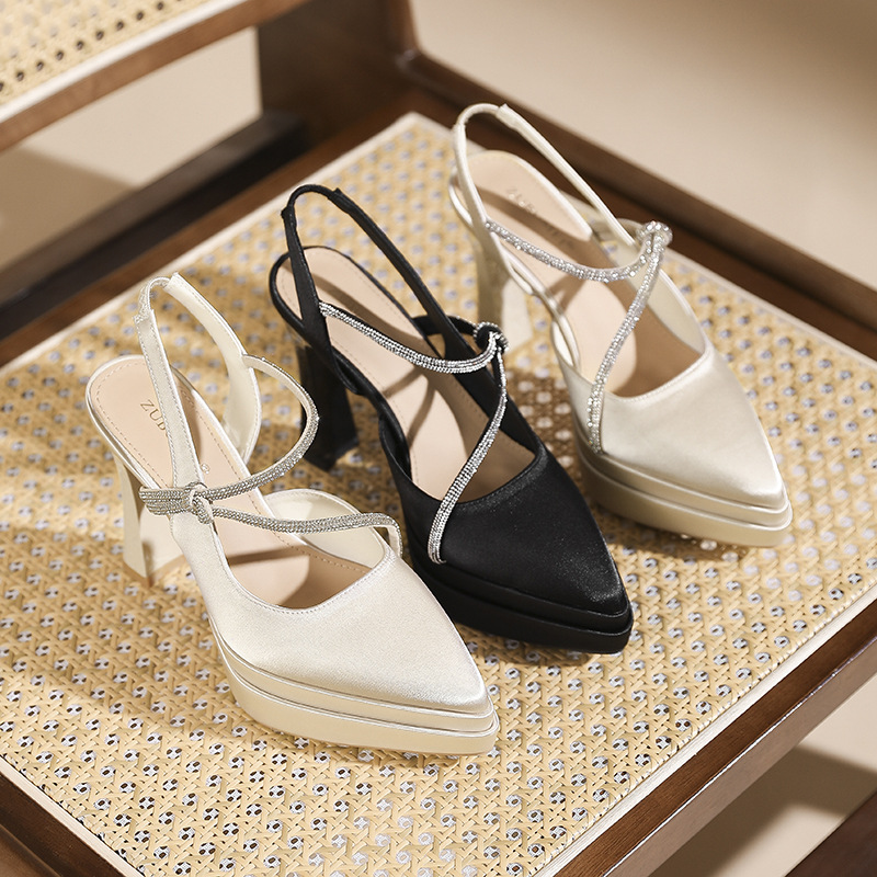 Sandal cao gót nữ mũi nhọn quai ngang đế platform gót 11 cm — Đen - 11cm