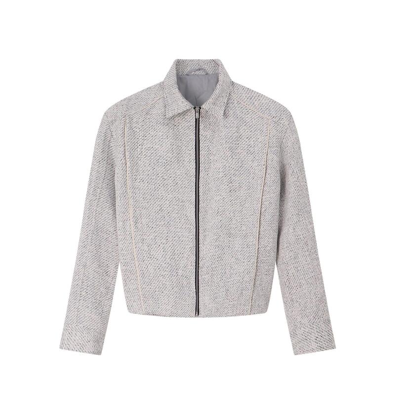 American Retro Gray-White Woven Tweed Chanel-Style Lapel Zipper Cardigan Jacket for Men, Versatile for Spring Commuting