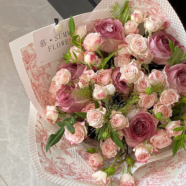 网红午后红茶欧式复古印花包装纸鲜花花束包花纸牛皮纸玫瑰花艺