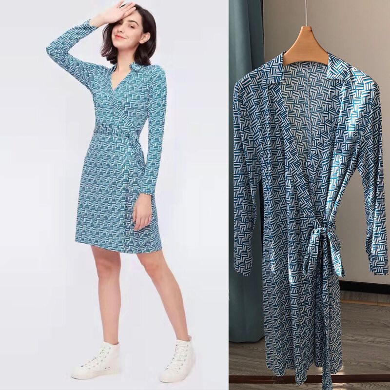 French Style Light Luxury DVF Gem Green Woven Texture Printed Long Sleeve Wrap Dress Classic Tea Break Dress