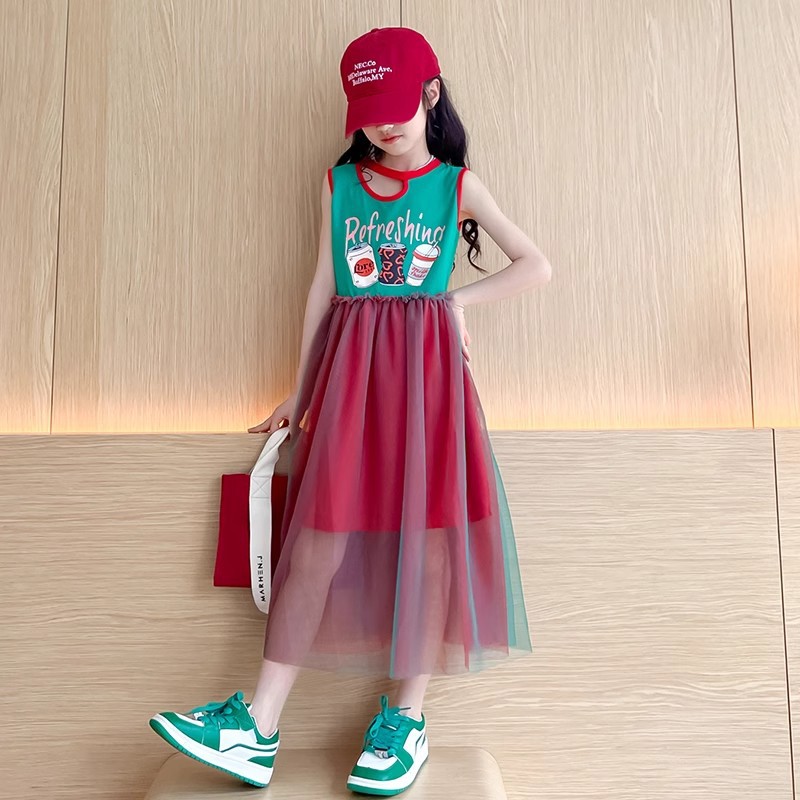 Girls' Dresses, Fashionable Summer New Style 2025, Medium and Large Children's Mesh Vest Dresses, Casual Long Skirts, Children's Skirts Summer