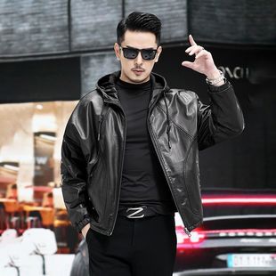 Fashionable Hooded Genuine Leather Jacket Men's Calfskin Bat Sleeve Korean Style Loose Leather Jacket Spring & Fall Jacket 2025 New Style