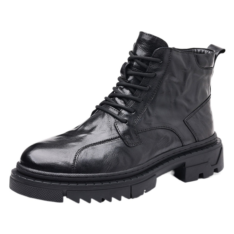 Primera capa de piel de oveja de los hombres botas Martin de alta superior forrado de lana caliente zapatos acolchados de algodón Mono de cuero botas de los hombres de moda botas de cuero