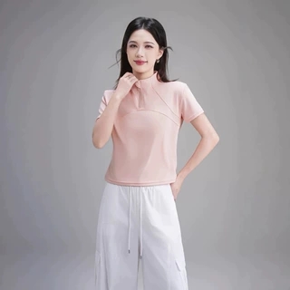 凉感瑜伽短袖女修身跑步健身时尚立领半拉链瑜伽服速干透气女休闲