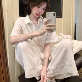 简约舒适宽松花边拼接衬衫式短袖长裤睡衣甜美少女夏季家居服套装