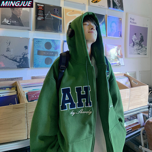 American-style hoodie jacket for men, autumn and winter version, trendy brand, loose, lined, winter hooded zipper cardigan garment