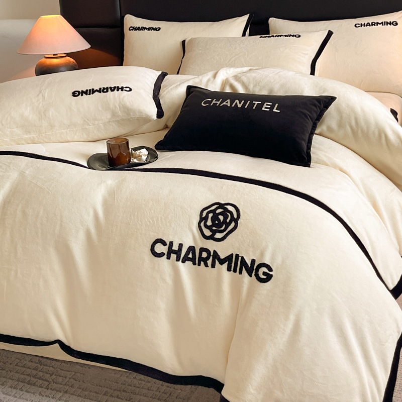 Otoño e invierno engrosado leche cama de cuatro piezas conjunto de coral cubierta de edredón de flanel doble sábanas de tres piezas conjunto