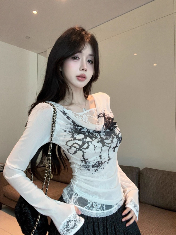 【工厂现货】网纱拼接蕾丝秋季印花罩衫荡领薄上衣长袖T恤女ins|undefined
