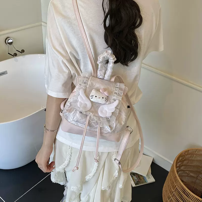 女爵清新可爱手提包女牛仔布蕾丝边背包大容量少女书包学生双肩包