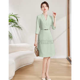 温柔风面试七分袖职业西装连衣裙夏气质修身中长裙正式场合工作服