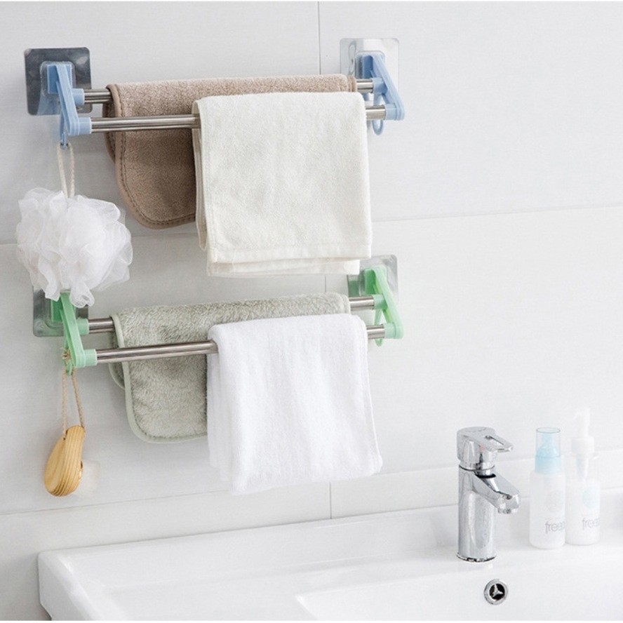 Sin perforaciones de doble barra toallero baño cocina almacenamiento rack de plástico de acero inoxidable toallero