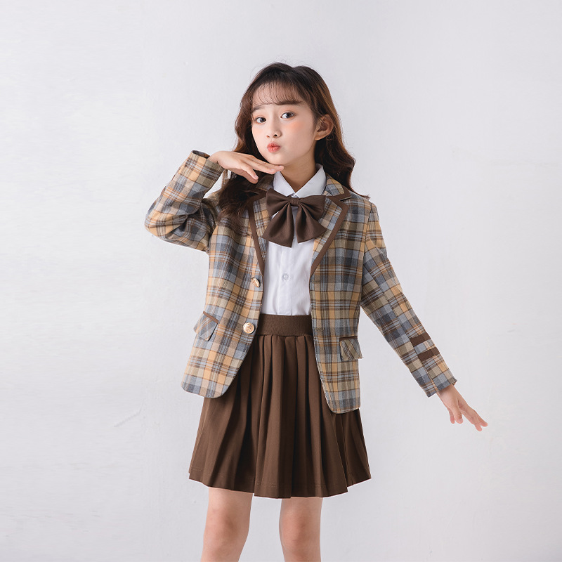 초등학교 학생을위한 봄과 가을 수업 옷 영국 아카데미 스타일 학교 유니폼 유치원 정원 옷 어린이 격자 무늬 세트 치마 세트