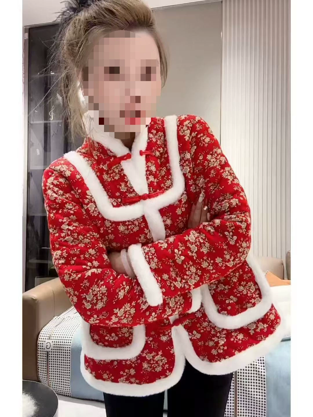 Большой размер женская новогодняя рубашка китайский стиль хлопчатобумажная куртка женский зимний новый национальный стиль тонкий северо-восточный цветок хлопчатобумажная куртка женский