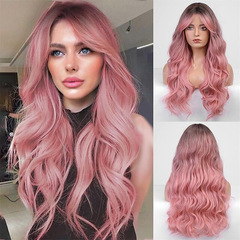 ロング巻き毛ヘッドギア機械製中分割バングコーンパーマ薄い籐色水波紋ヘッドギアヘアヨーロッパとアメリカのかつら