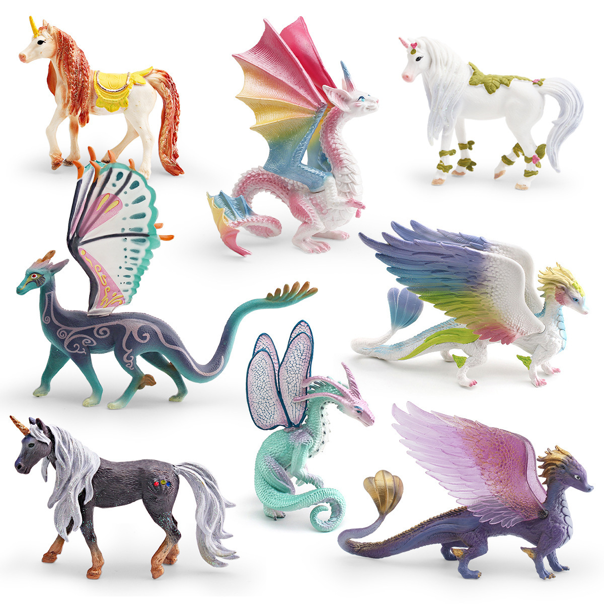 Simulación transfronteriza de mitología occidental monstruos animales modelo infantil unicornio arco iris caballo libélula adornos dragones voladores