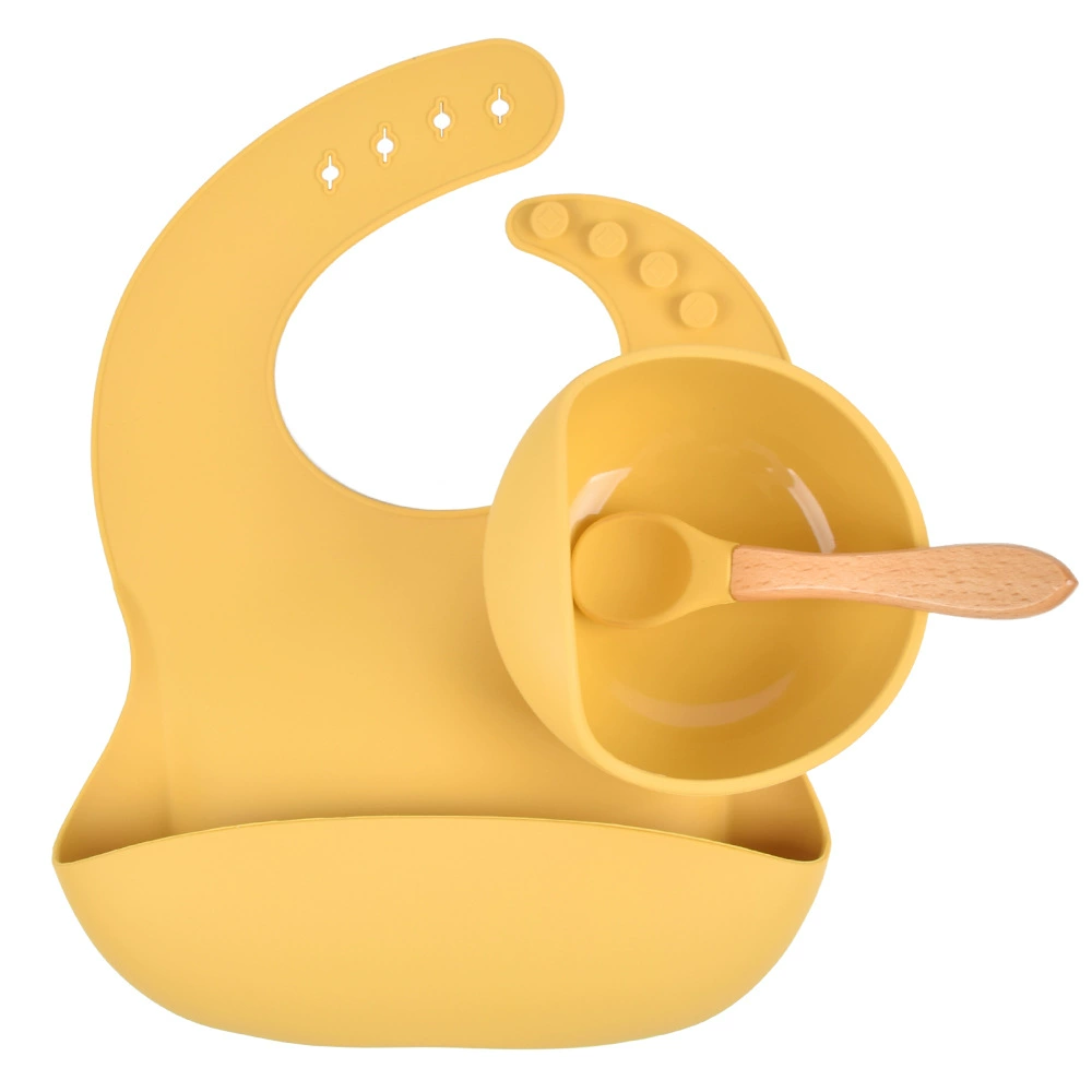 Silicone children's tableware set — bib, bowl and spoon with suction base, multi-color