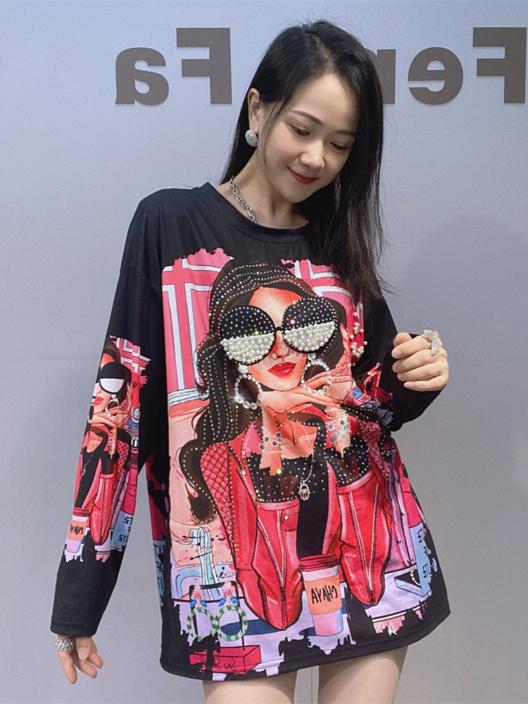 Comercio exterior de mujeres europeas y estadounidenses cuello redondo suelto camiseta de manga larga impresión 3D de moda gran cuentas de clavos con camisa de manga larga