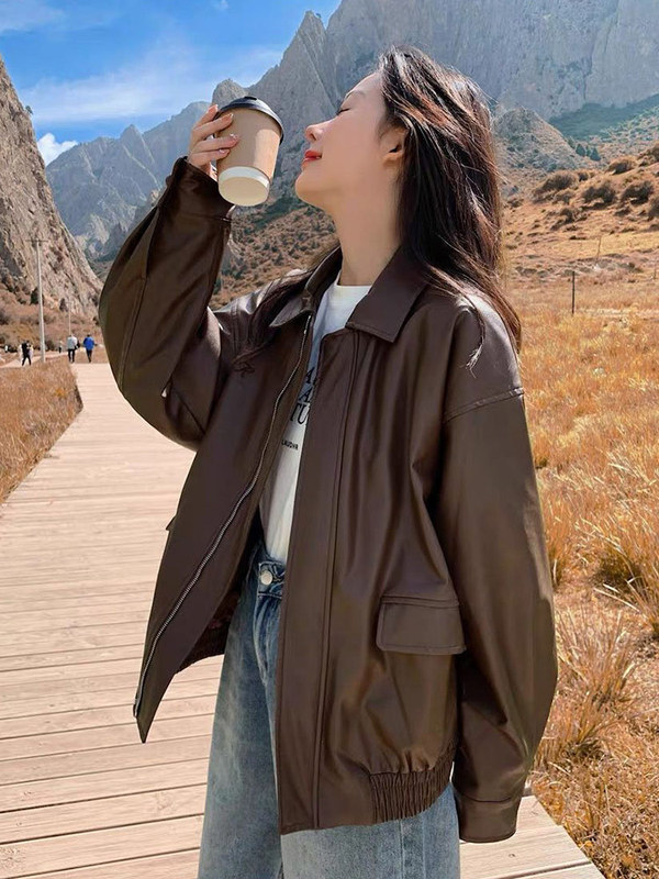 复古棕色皮衣女短款2025秋冬季小个子韩版宽松皮夹克帅气机车外套|undefined