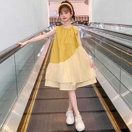 女童休闲连衣裙2026夏季新款洋气时髦拼接大裙摆无袖公主背心裙