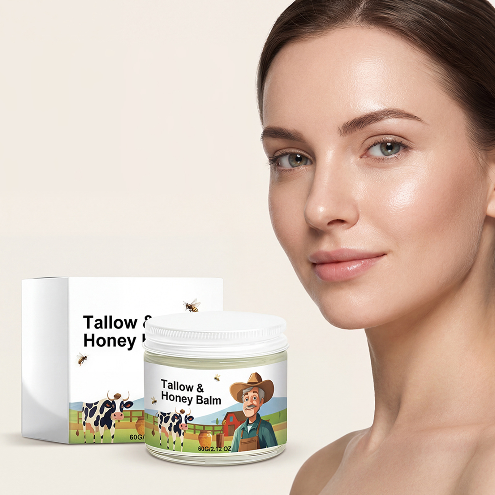 Beef Tallow Honey Face Cream for Daily Moisturizing, Smoothing, and Delicate Care of Facial Skin, Refreshing and Easily Absorbed Moisturizing Cream