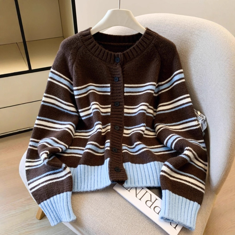 Melard Color-Block Striped Knit Cardigan for Women, Autumn and Winter Outerwear Sweater Paired with Skirt, Petite Korean Style Top