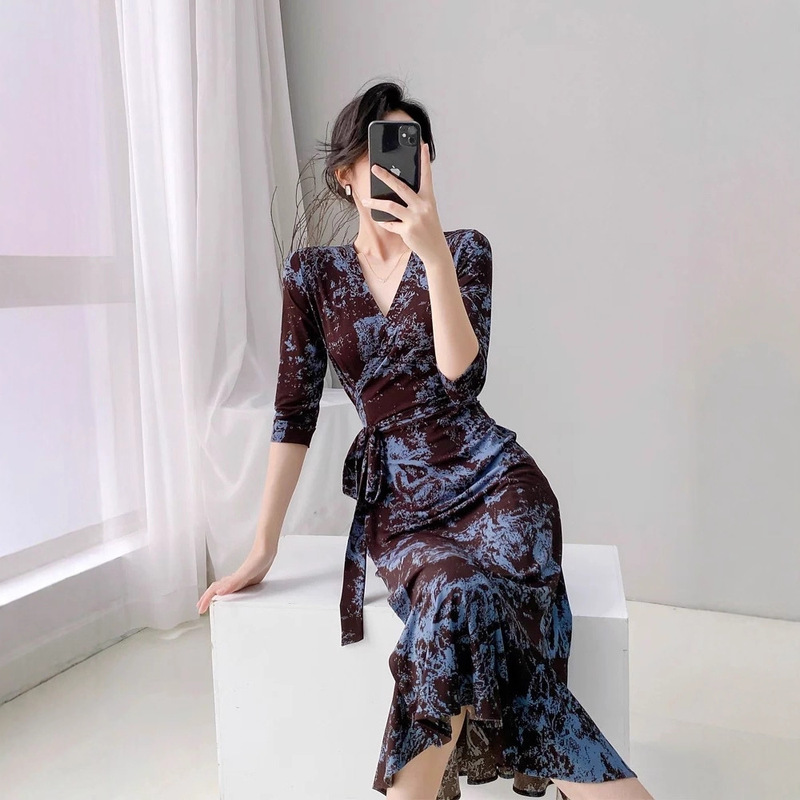 Summer New Style Jingzi Jingluxury Ink Painting Smudged Print Wrap Dress V Neck Slimming Look Mid-Length