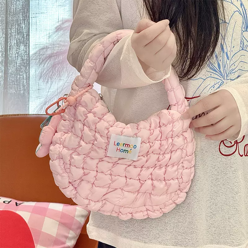 小清新绗缝手提包可爱多巴胺配色女学生通勤手拎包简约泡芙购物袋
