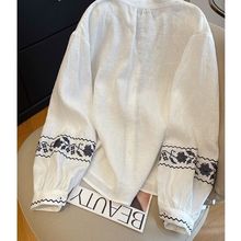 白枕鹤感棉麻刺绣防晒衬衫女夏季宽松衬衣外搭开衫薄款亚麻外