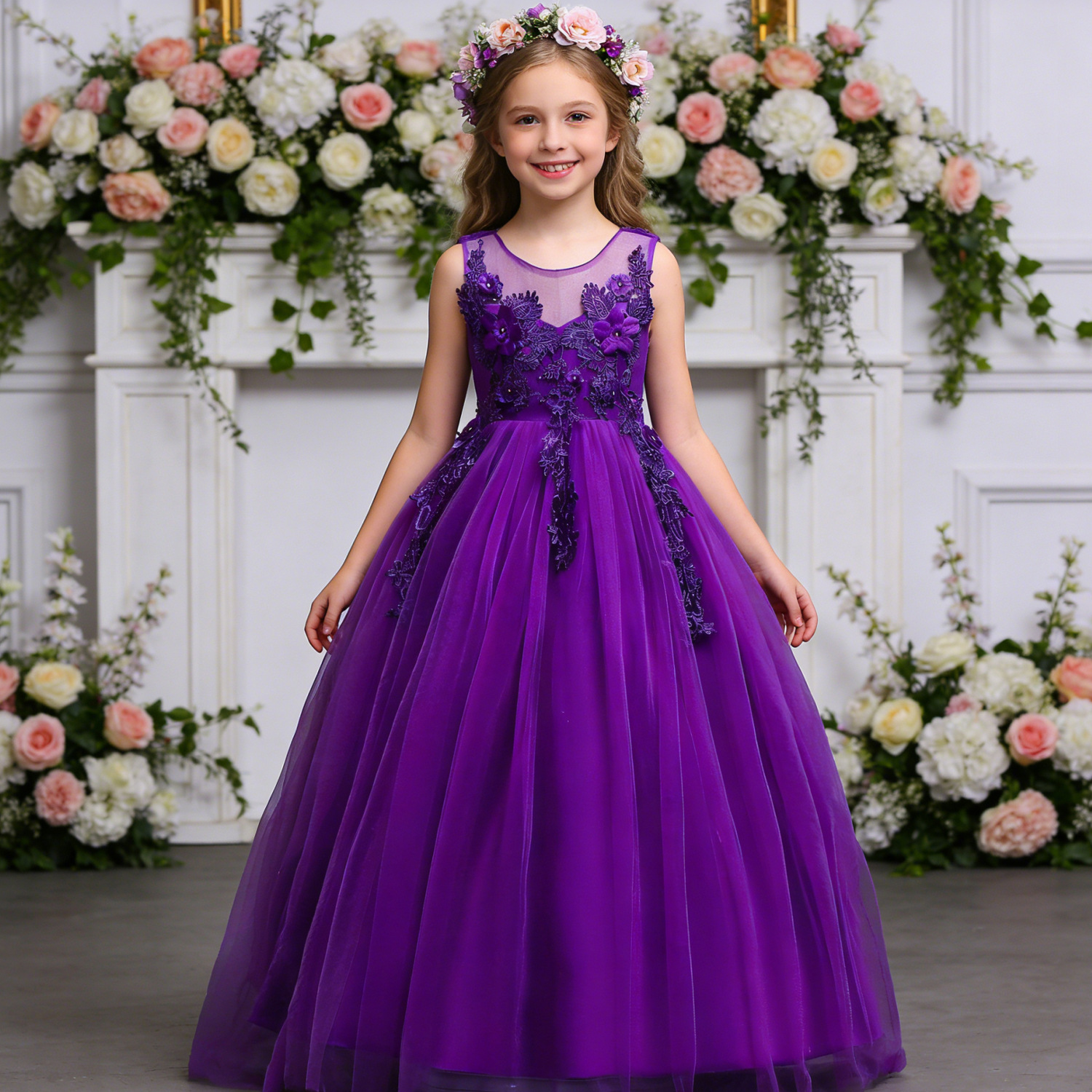 Vestido de princesa niñas vestido de pétalo de los niños medio y grandes niños vestido de malla de color sólido vestido de novia de niñas al por mayor