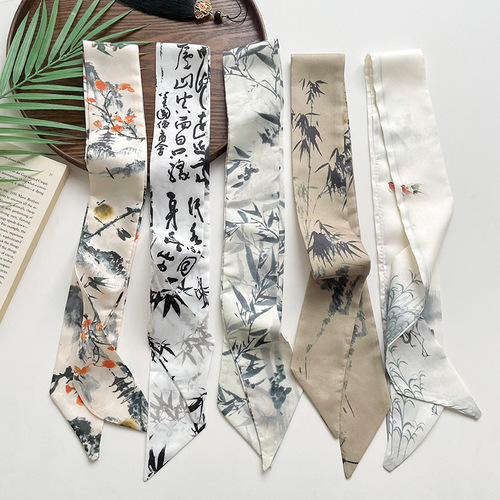 New Chinese-style ink painting long and narrow small silk scarf for women, suitable for spring and summer, versatile hair tie, hair bun wrap, packaging decoration, ribbon hair accessory.