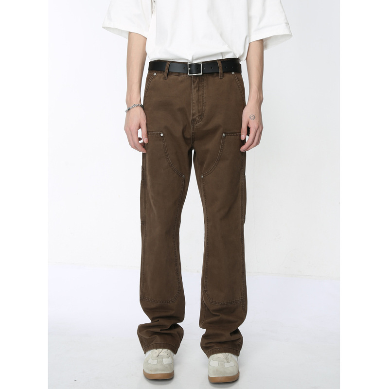 Mtlclothes Men's Clothing | Micro-Flared American Retro Trendy Brand Patchwork Design Lumberjack Pants Workwear Jeans Trendy