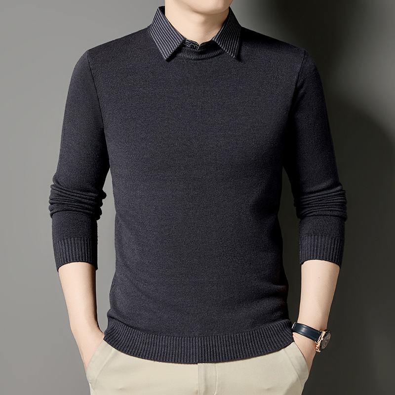 Yingao Business Long-Sleeved Sweater Men's Autumn and Winter New Splicing Fake Two-Piece Stripesd Lapel Knitted Casual Sweater